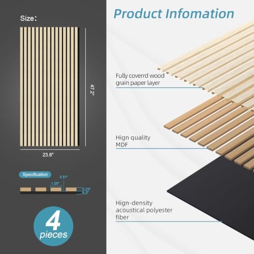 Wood Slat Acoustic Wall Panels, 4 Pack, 47.2 x 23.6 in - Image 5