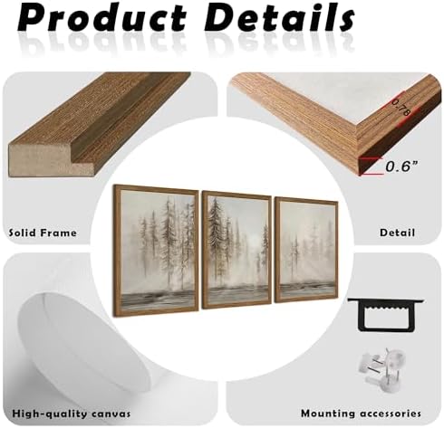 Urmoya Triptych Neutral Misty Forest Framed Canvas Wall Art, 16x24 inch x3 - Image 6