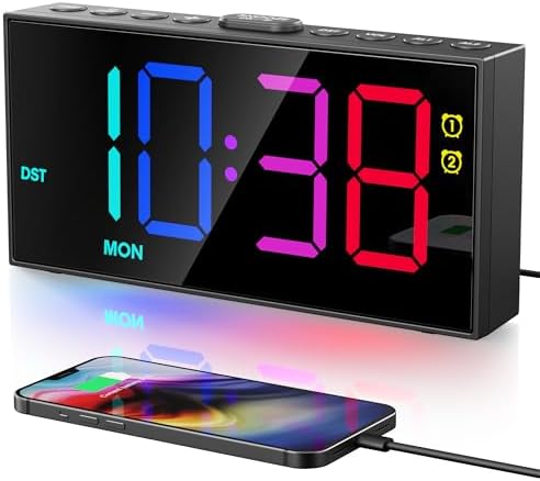 Digital Alarm Clock for Heavy Sleepers, 7.5-Inch RGB Display, Dual Alarms by PPLEE