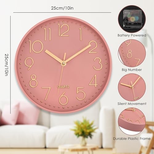 Lumuasky Pink Wall Clock Modern Battery Operated Analog Small Cute Silent - Image 5