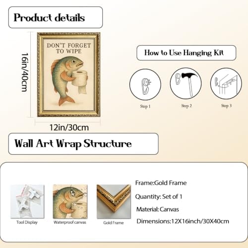 Funny Fish Bathroom Wall Art Don't Forget to Wipe Quote Sign Wall Decor Painting - Image 3