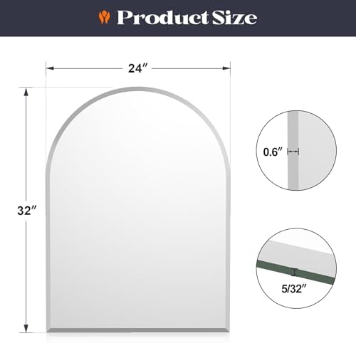 Frameless Bathroom Mirror, 24x32 Arched Vanity Beveled Wall Mirror - Image 4