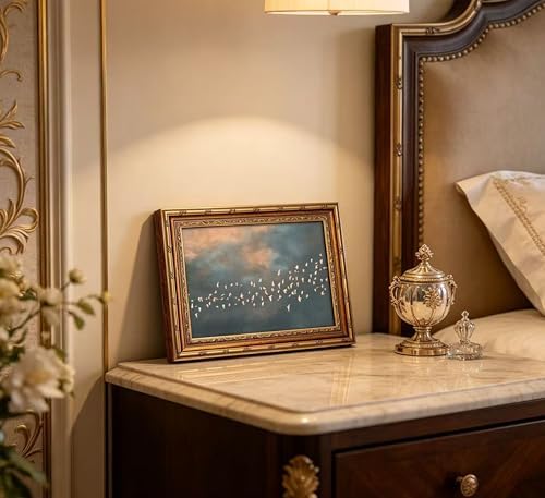 Vintage Gold Framed Flock of Birds in Flight Wall Art, Abstract Teal and Blush - Image 4