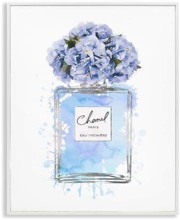 Blue Flowers Perfume Bottle Glam, 11 x 14 Inch Framed Giclée Print by StupellIndustries