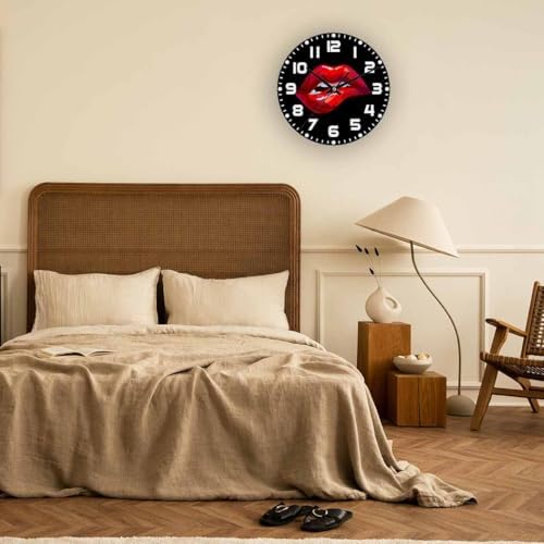 Red Lips Wall Clock Sexy Biting Lips on Black Background Battery Powered Wall - Image 5