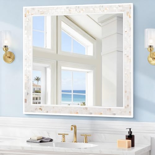 White Framed Bathroom Wall Mirror, 30 x 30 Inch Rectangle Mirrors by Tanmicoshomy