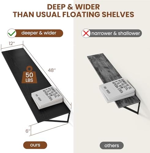 Heimlove 48W x 12D Deep Floating Shelves Set of 2 Black - Image 3
