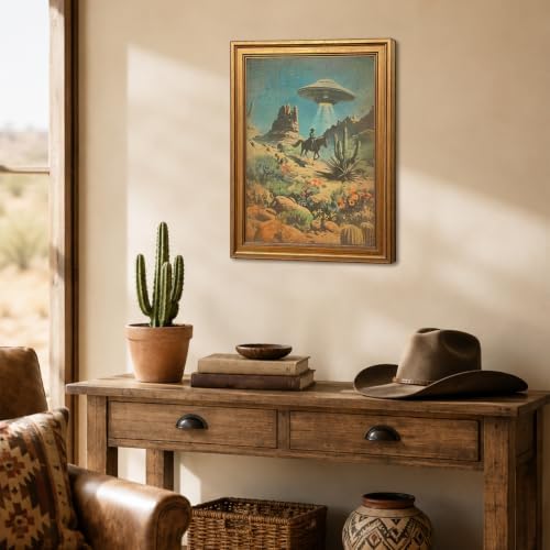 Vintage Gold Framed Western Wall Art, Retro Cowboy UFO Abduction Pictures Wall - Image 3
