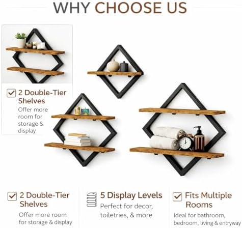 Floating Shelves Shelves on Wall Set of 3, 2-Tier Hanging Wall Mounted Shelves - Image 5