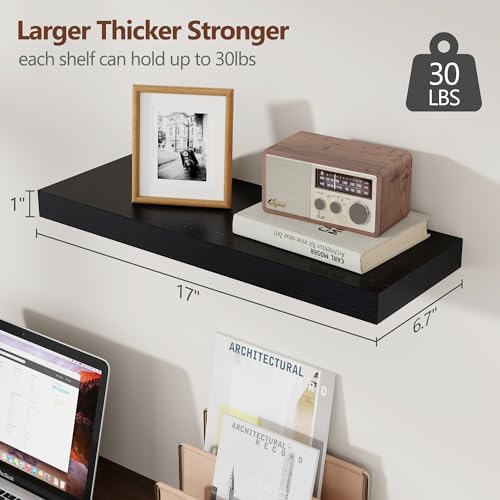 fuqing Black Floating Shelves for Wall, 17 Inch Wood Wall Shelves Set of 3 - Image 3