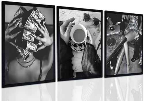 Framed Trendy Black and White Wall Art Luxury Money Hair Rollers Girl Posters by Unknown