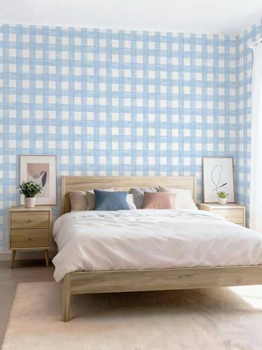 Blue Peel and Stick Wallpaper Plaid Modern Wall Paper Checkered Gingham Contact - Image 3