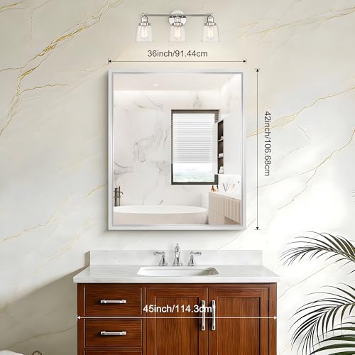 Bathroom Mirror, 42 x 36 Inch Brushed Silver Rectangle Mirror, 0.6" Thickened - Image 2