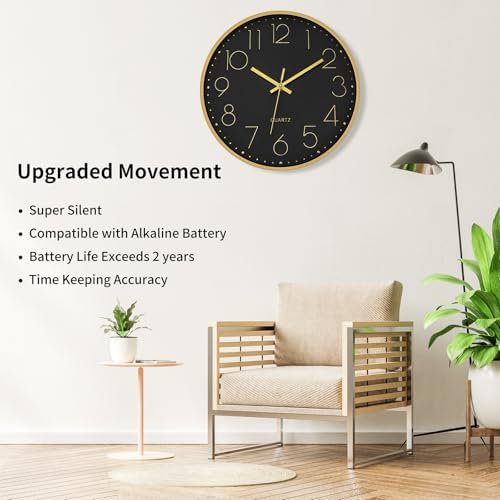 Foxtop 12" Black Gold Wall Clock Silent Battery Operated Modern Metal Clock - Image 3