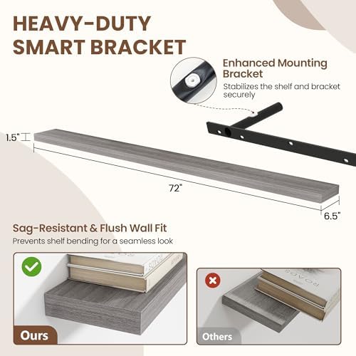 Acovy 72 Inch Floating Shelves for Wall 2 Pack, Wall Mounted Floating Shelf - Image 3