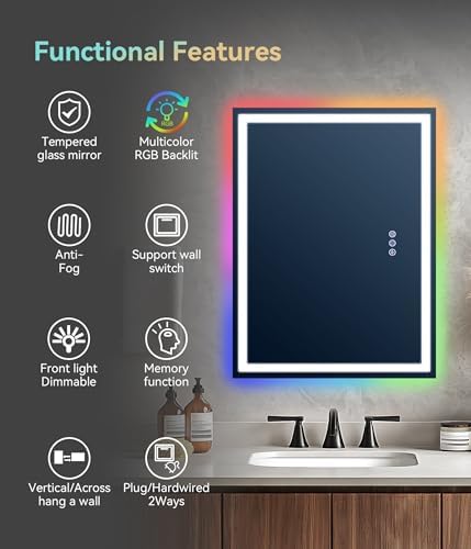 32x24 inches LED Bathroom Mirror Anti Fog Adjustable Brightness RGB Backlit and - Image 6