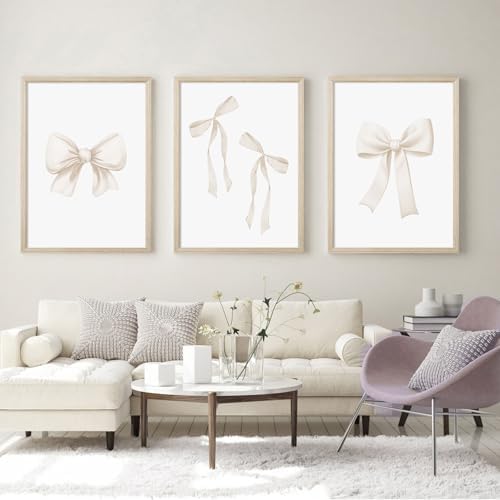 Preppy Bow Wall Art Decor Set of 3 Beige Coquette Wall Art Aesthetic Canvas - Image 3