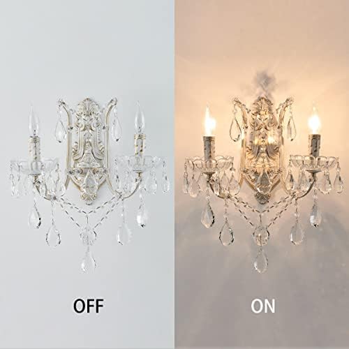 YLONG-ZS French Country Crystal Wall Sconce, 2-Light Distressed White Gold - Image 6