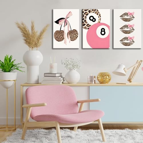 Trendy Pink Leopard Bow Canvas Wall Art Set of 3 Funky Cherry Lucky 8 Ball - Image 6