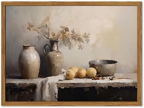 Framed Vintage Kitchen Wall Art, Rustic Farmhouse Floral Jar Still Life by Unknown