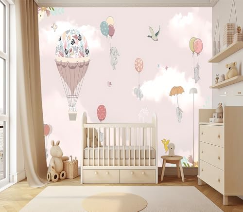XMPMBM-Pink Clouds hot air Balloon Nursery Room Fabric Wallpaper Cartoon - Image 2