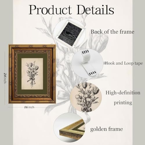 Gold Framed Wall Art Vintage Flower Sketch Wall Art Antique Sage Green - Image 2