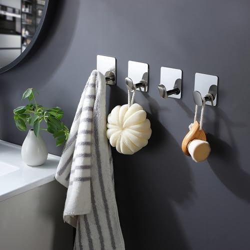 DELITON Adhesive Towel Hooks, 4 Pack Stainless Steel 26lb Max Mirror Silver - Image 3