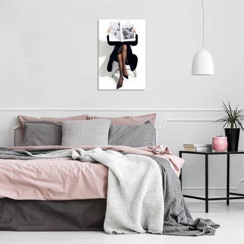 Woman Reading Newspaper Poster Black And White Photography Canvas Wall Art - Image 3