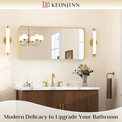 Keonjinn 42 x 20 Inch Brushed Gold Bathroom Vanity Mirror, Tempered Glass - Image 2