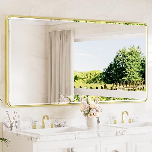 TETOTE Brushed Gold Framed Bathroom Mirror 72 x 36 Large Beveled Edge Tempered by TETOTE
