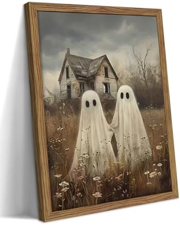 Framed Vintage Halloween Ghost Wall Art, Cute Two Ghost Holding Hands Canvas by Unknown