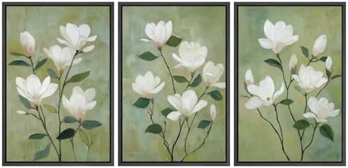 MUDECOR Framed Canvas Print Wall Art White Magnolia Floral Soft Green Botanical by MUDECOR