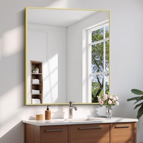 YIROMAN Bathroom Mirror 36"x40", Large Brushed Gold Bathroom Mirror by Unknown
