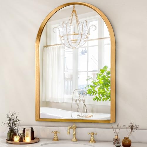Gold Arched Mirror, Modern Bathroom Wall Mirror Aluminum Alloy Framed Mirror by HLFMVWE