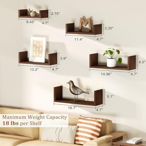 SRIWATANA Dark Walnut Floating Shelves, 5-Piece Set Wood Wall Storage Unit - Image 3