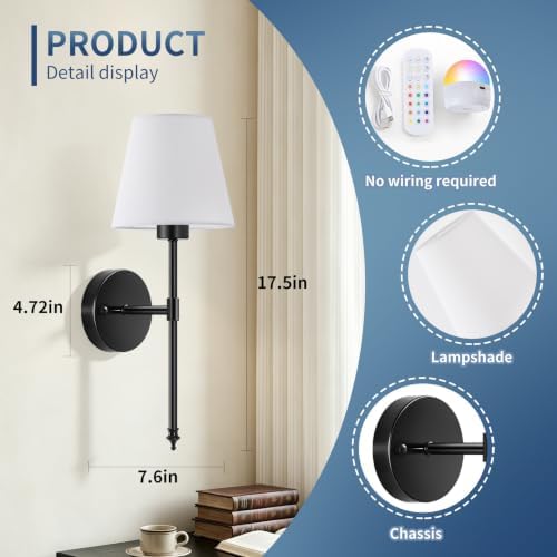 Battery Operated Wall Sconces Set of 2, Wireless Battery Wall Light - Image 3