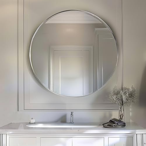 Sunniry 18 inch Round Mirror, Round Wall Mirror, Brushed Silver Metal Frame - Image 4