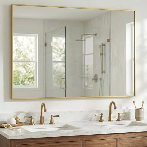 48"x30" Satin Gold Large Framed Bathroom Vanity Wall Mirror by Pocetry