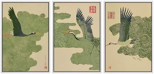 MUDECOR Framed Canvas Print Wall Art Japanese Crane and Cloud Traditional Green by MUDECOR