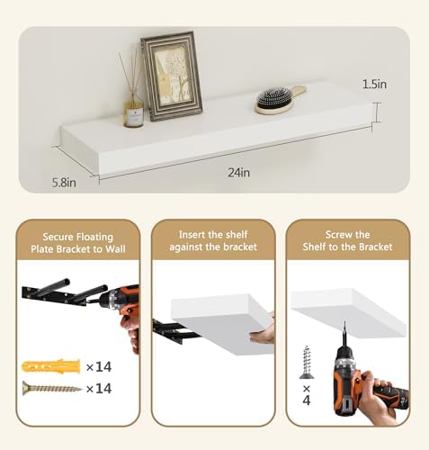 Vervida® White Rustic Floating Wall Shelves 24in Set of 3 Hidden - Image 3