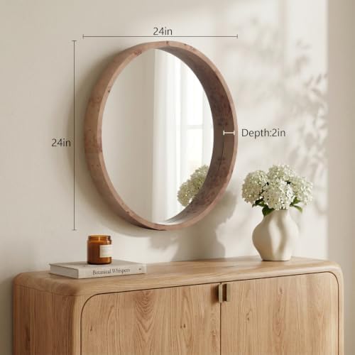 WallBeyond 24 Inch Round Wood Mirror, Burlwood Grain Wood Frame Circle Mirror - Image 6