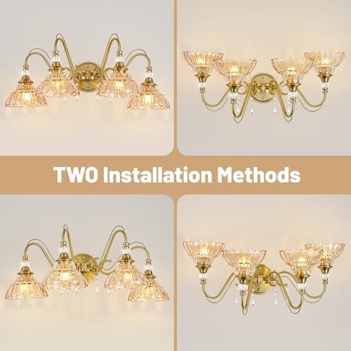 Vintage Bathroom Vanity Light, 4-Light Brushed Gold Finish Wall Sconce - Image 3
