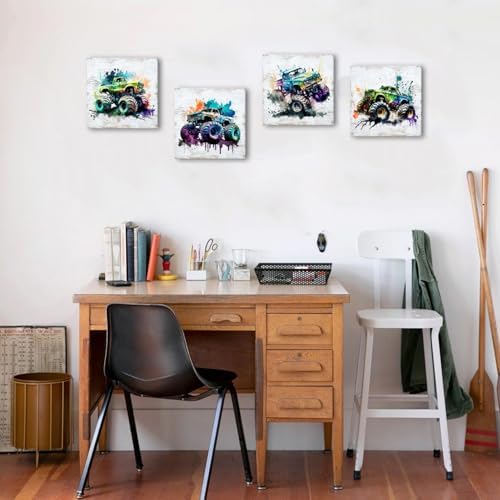 Car Room Decor Truck Canvas Wall Art Framed Boys Room Watercolor Cartoon Car - Image 4