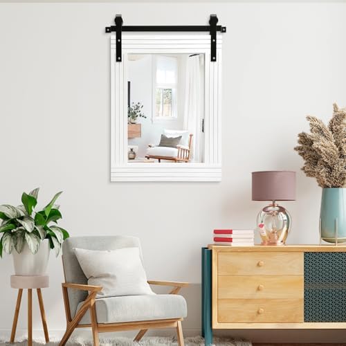AAZZKANG White Wood Framed Mirror Rectangle Farmhouse Wall Mirrors Decor - Image 6