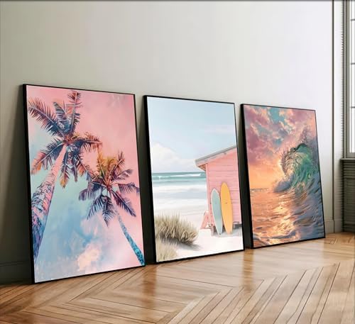 3Pcs Coastal Beach Unframed Canvas Wall Art, Preppy Tropical Summer Decor - Image 3