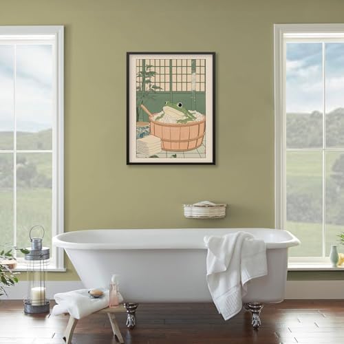 Japanese Frog in a Bathtub Wall Art Sage Green Relaxing Bathroom Posters 16X24 - Image 4