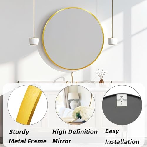 Round Mirror 30 inch Gold, Circle Mirror, Brushed Gold Metal Frame - Image 2