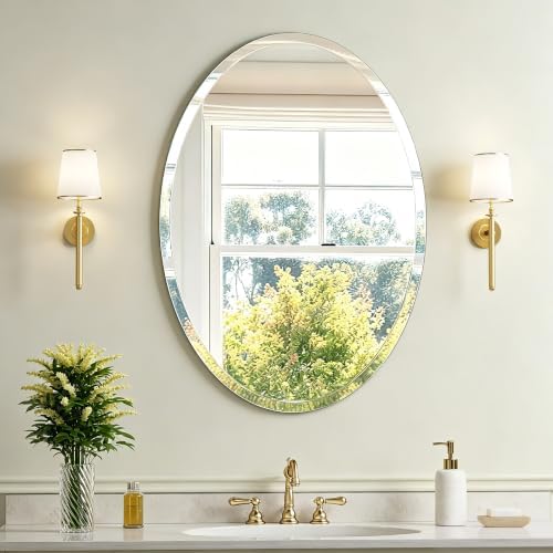 28" x 20" Silver Beveled Edge Frameless Oval Wall Mirror by GOAND
