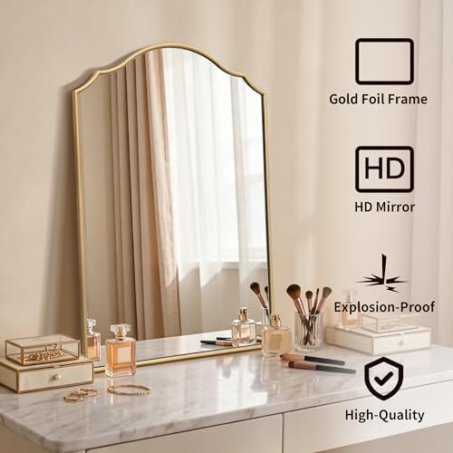 Besdomus Bathroom Mirrors for Over Sink: 24"x36" Gold Wooden Arched Mirror - Image 2