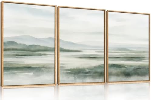 HOURIA Watercolor Misty Green Mountain Framed Canvas Wall Art Set-16"x24"x3 by HOURIA